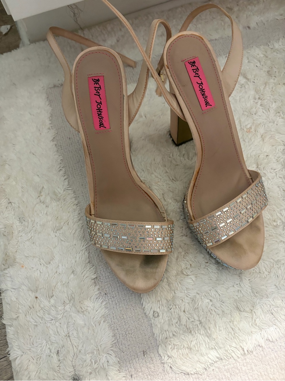 Betsey Johnson Blush Crystal Strap Block Heels